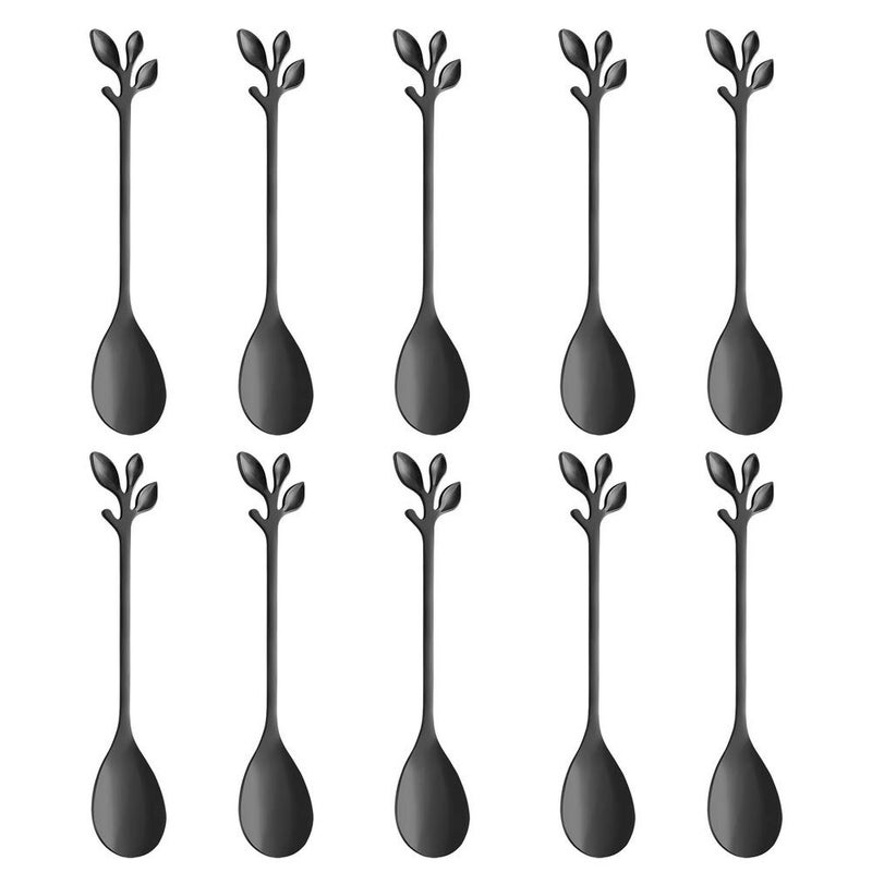 AnSaw Elegant Black Leaf Coffee Spoons - 10-Piece, 4.7" Mini Stainless Steel Espresso & Dessert Tea Spoons, Perfect for Demitasse & Small Servings - Image 1